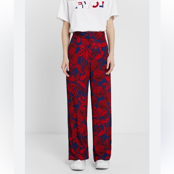 Desigual Floral Trouser Palazzo Size 36 / 8US Red Navy Boho Print Varsity Stripe - Picture 1 of 16